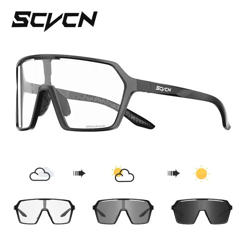 Gray photochromic cycling sunglasses with UV400 lenses, showing lens transition from light to dark for outdoor sports use.