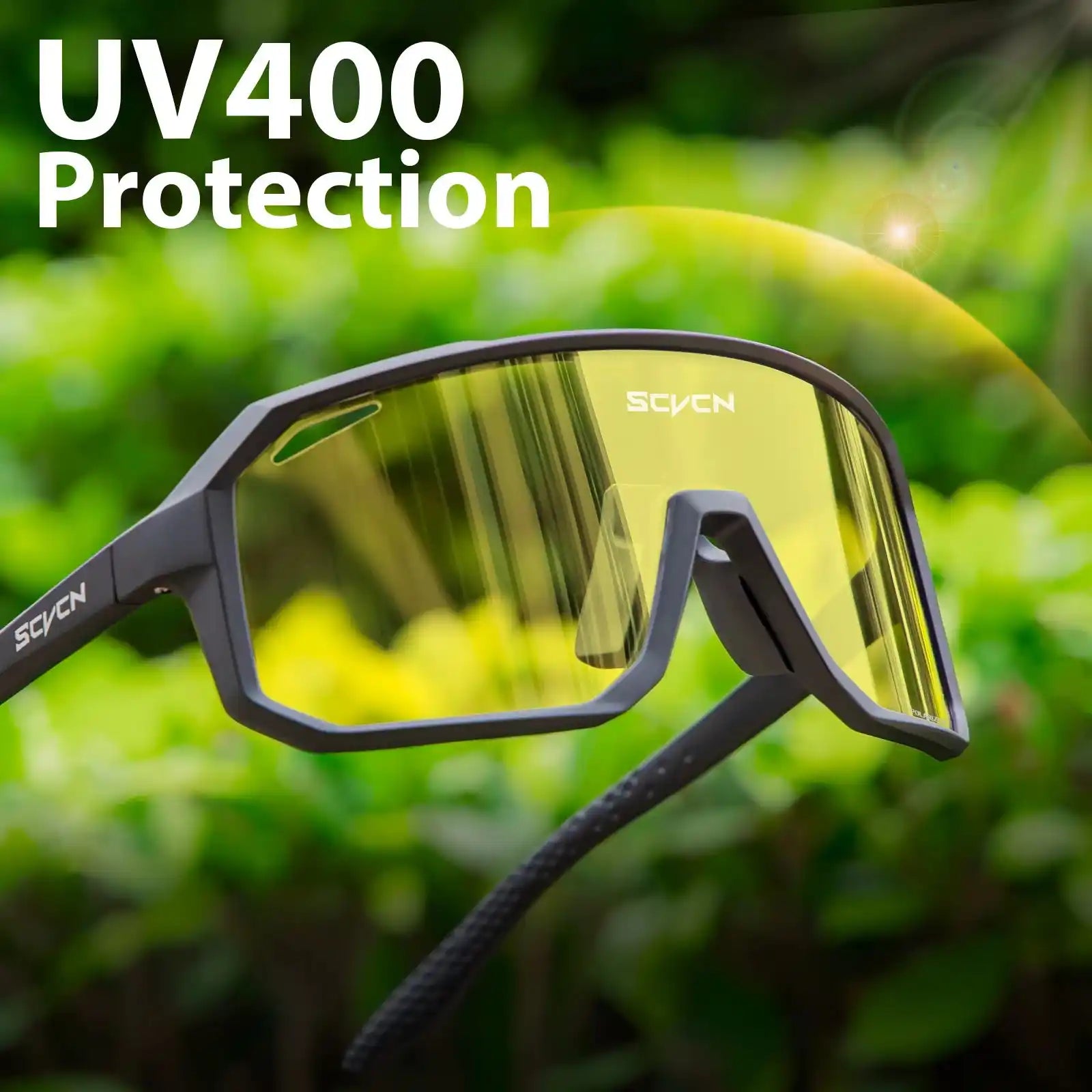 SCVCN polarized cycling sunglasses with UV400 protection shown in outdoor setting, highlighting glare reduction and eye safety.