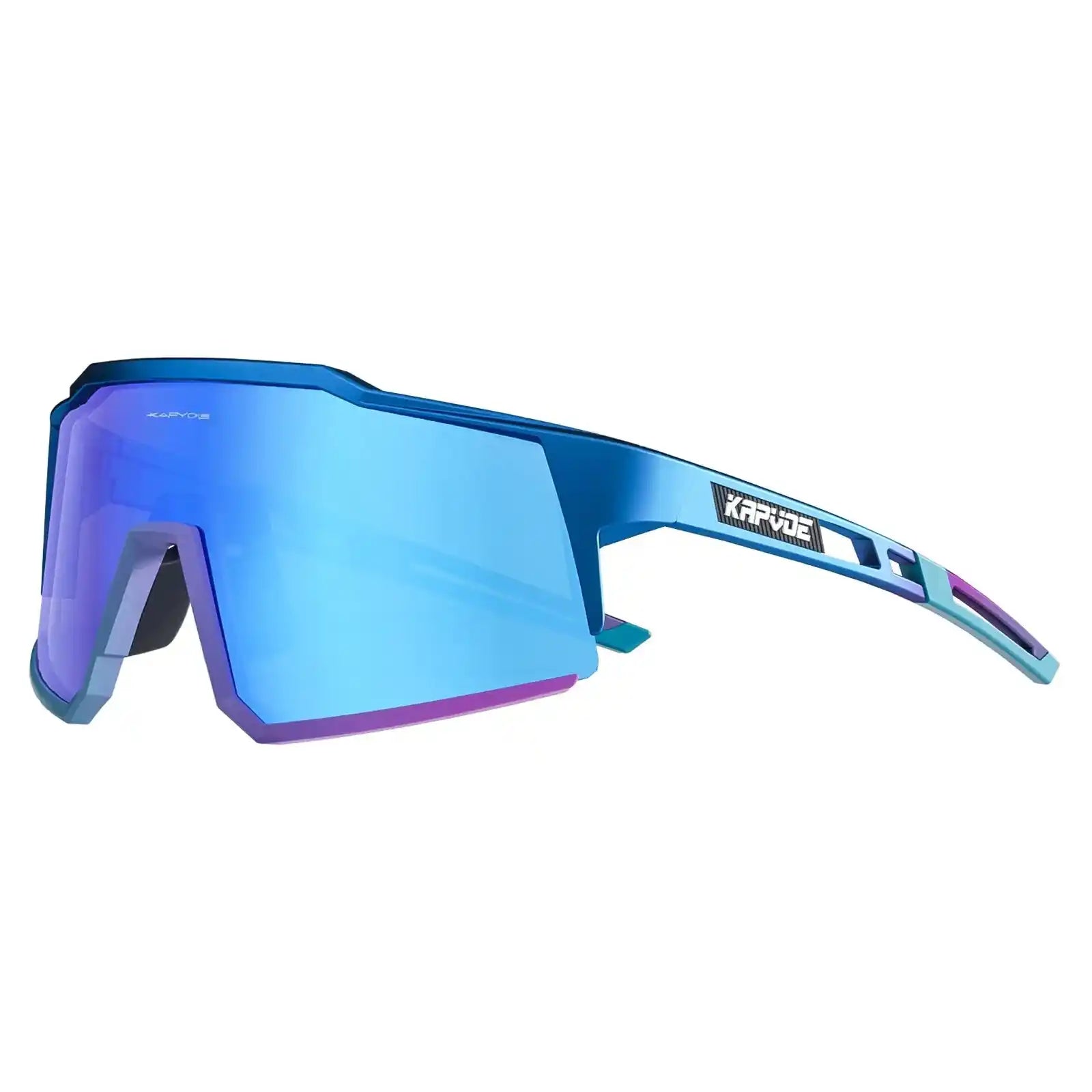 Kapvoe UV400 polarized cycling glasses in metallic blue. Ultra light frame with mirrored lens for stylish road biking protection.