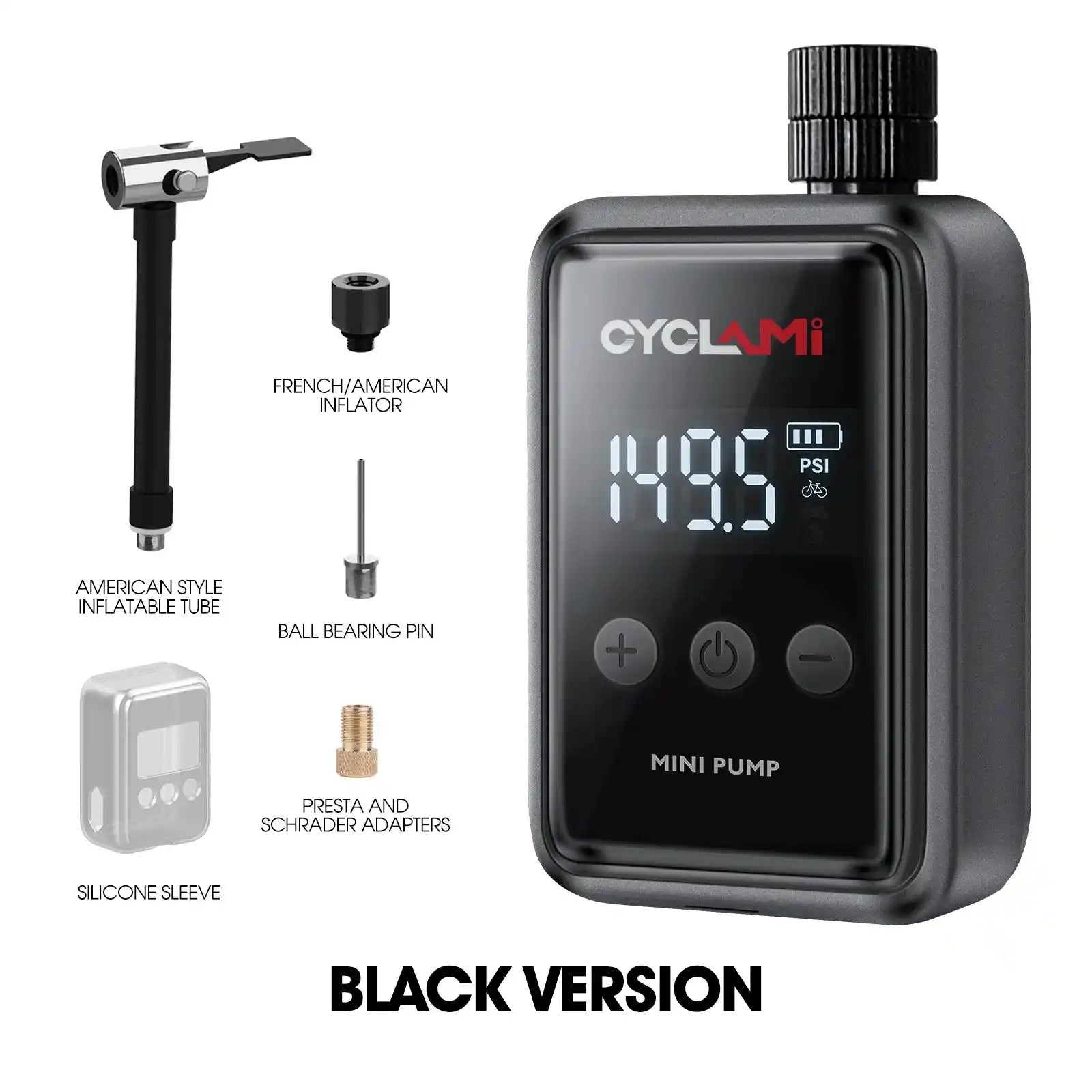 Black version of mini electric tire pump with digital display and included adapters. Reliable and portable for easy inflating of bike tires.