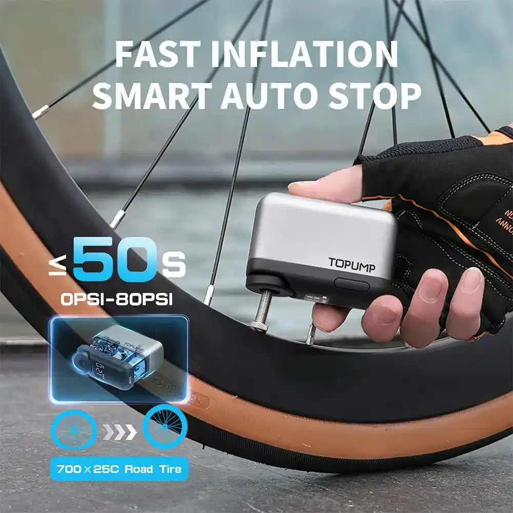 TOPUMP TB2 PRO inflating a road bike tire in under 50 seconds, showcasing fast inflation and smart auto stop features.