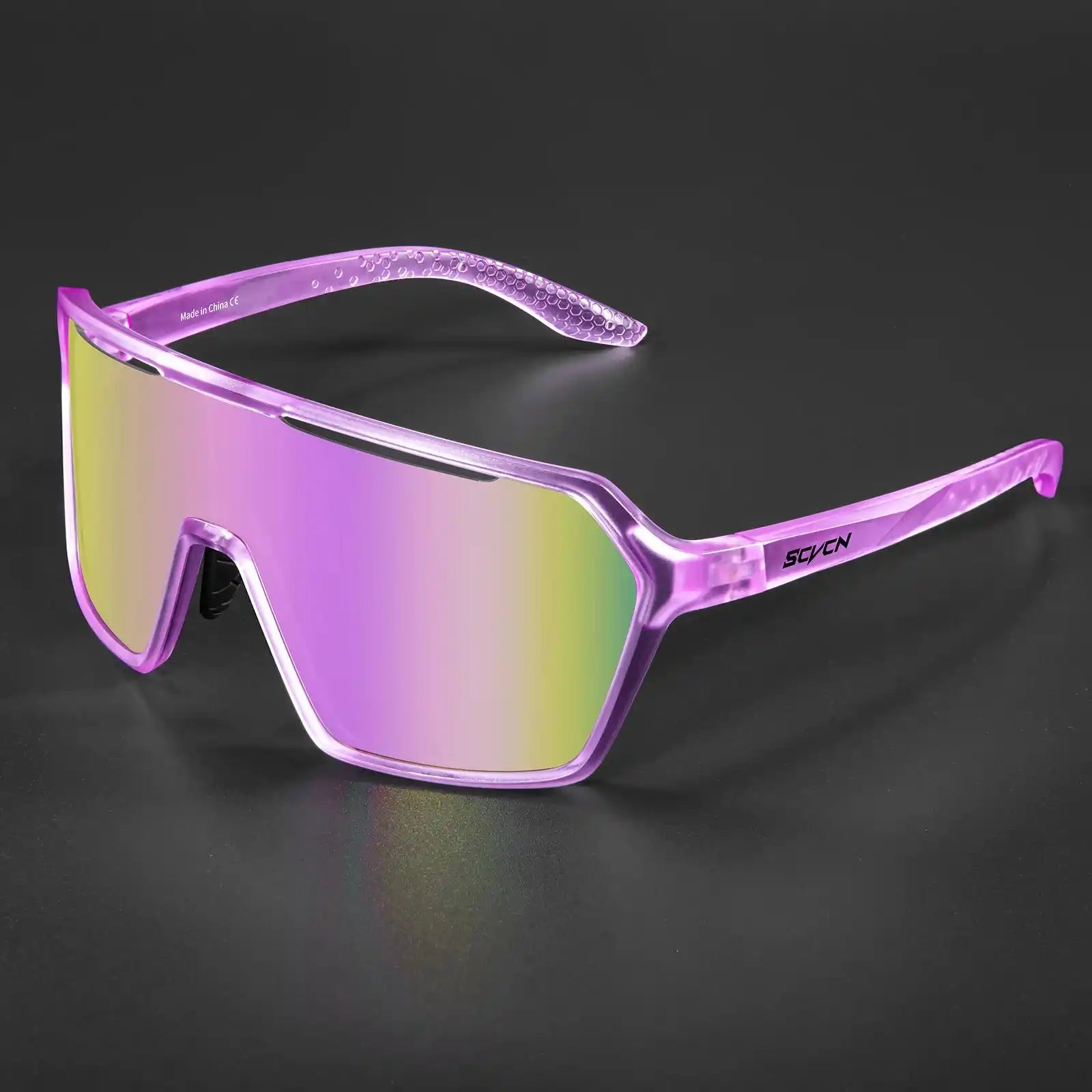 Purple mirrored photochromic cycling sunglasses with UV400 protection, ideal for outdoor sports and changing light environments.