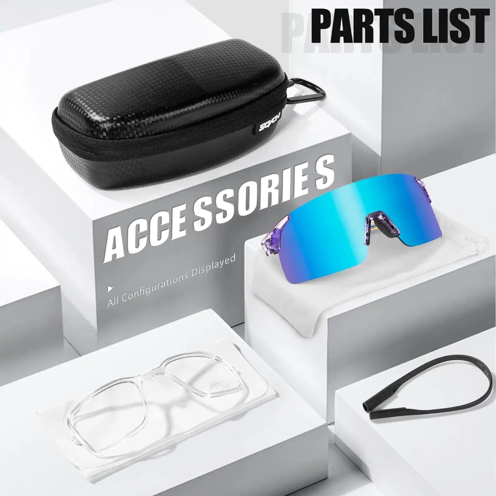 MTB cycling sunglasses accessories set including hard case, myopic frame insert, and strap for secure fit and protection.