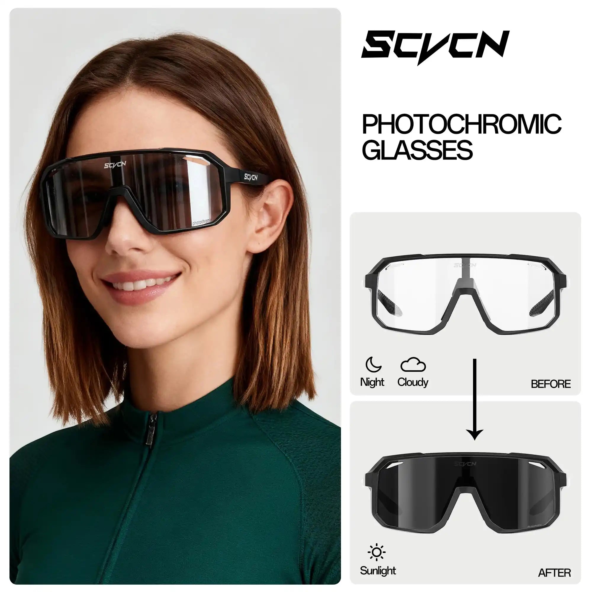 SCVCN HOT MTB cycling glasses with photochromic UV400 lenses shown on a woman, ideal for outdoor sports and running in varying light conditions.