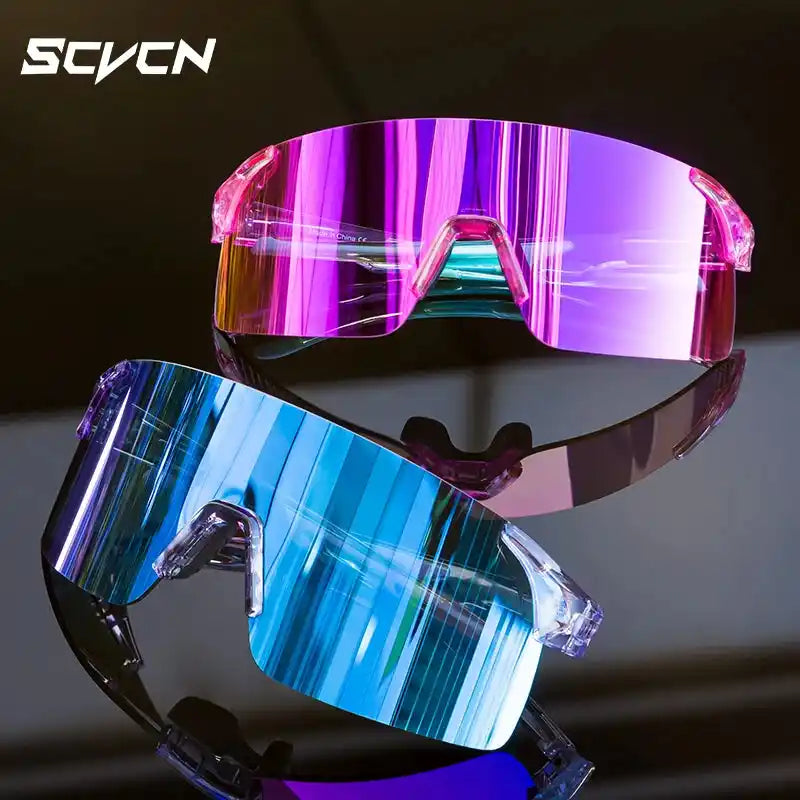 MTB cycling sunglasses with photochromic lenses in pink and blue, offering UV protection and stylish mirrored finish for sports use.