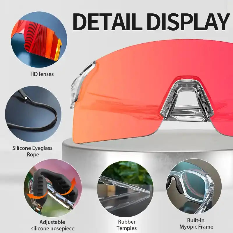 Detail display of MTB cycling sunglasses showing HD lenses, silicone rope, adjustable nosepiece, and built-in myopic frame.