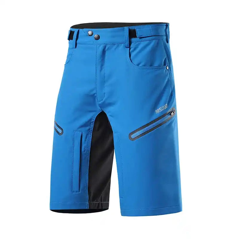 Light blue ARSUXEO MTB Shorts designed with quick-dry, breathable fabric and functional zippered pockets for cycling and outdoor sports.