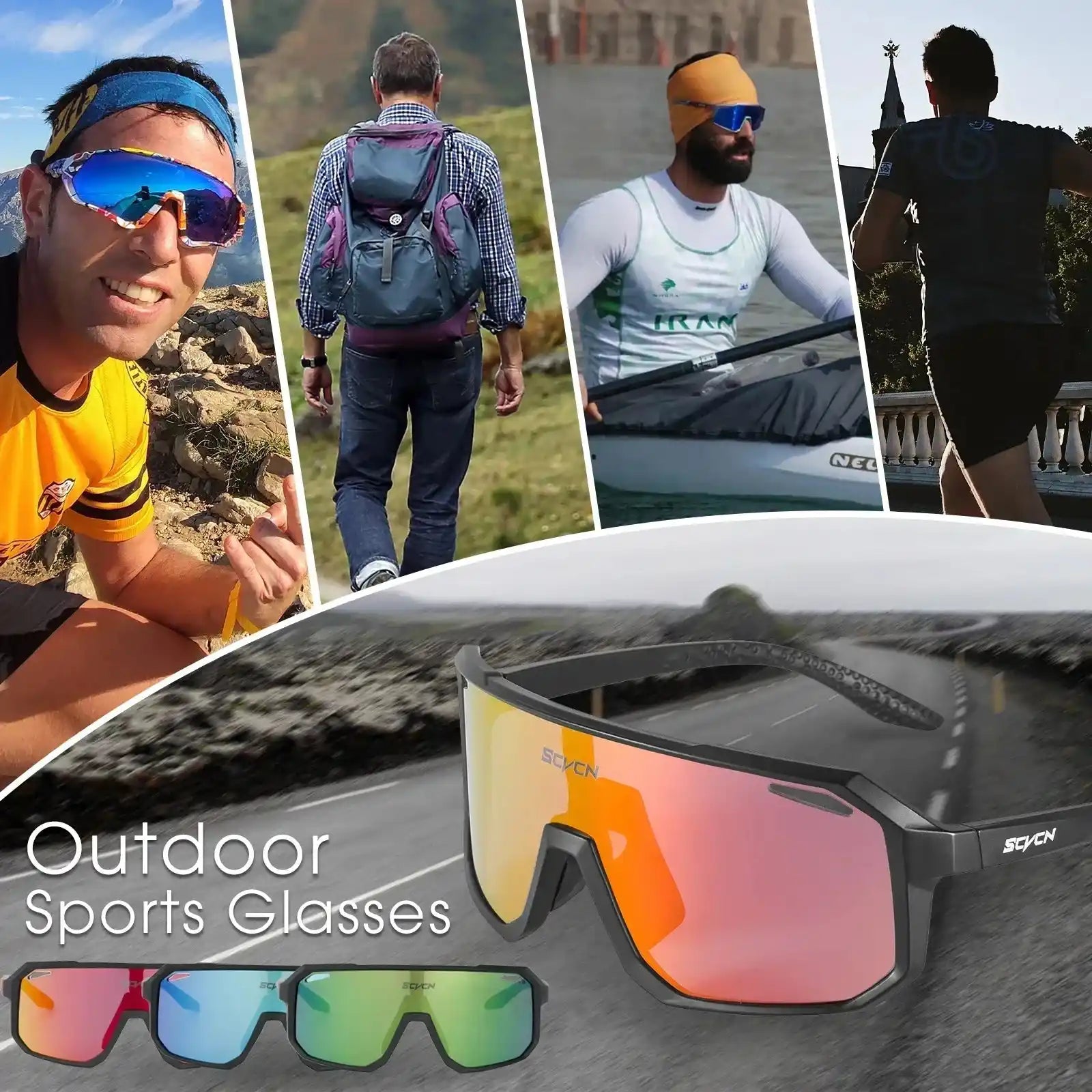 Collage of athletes wearing photochromic cycling sunglasses in various sports, highlighting UV400 protection and versatile outdoor use.