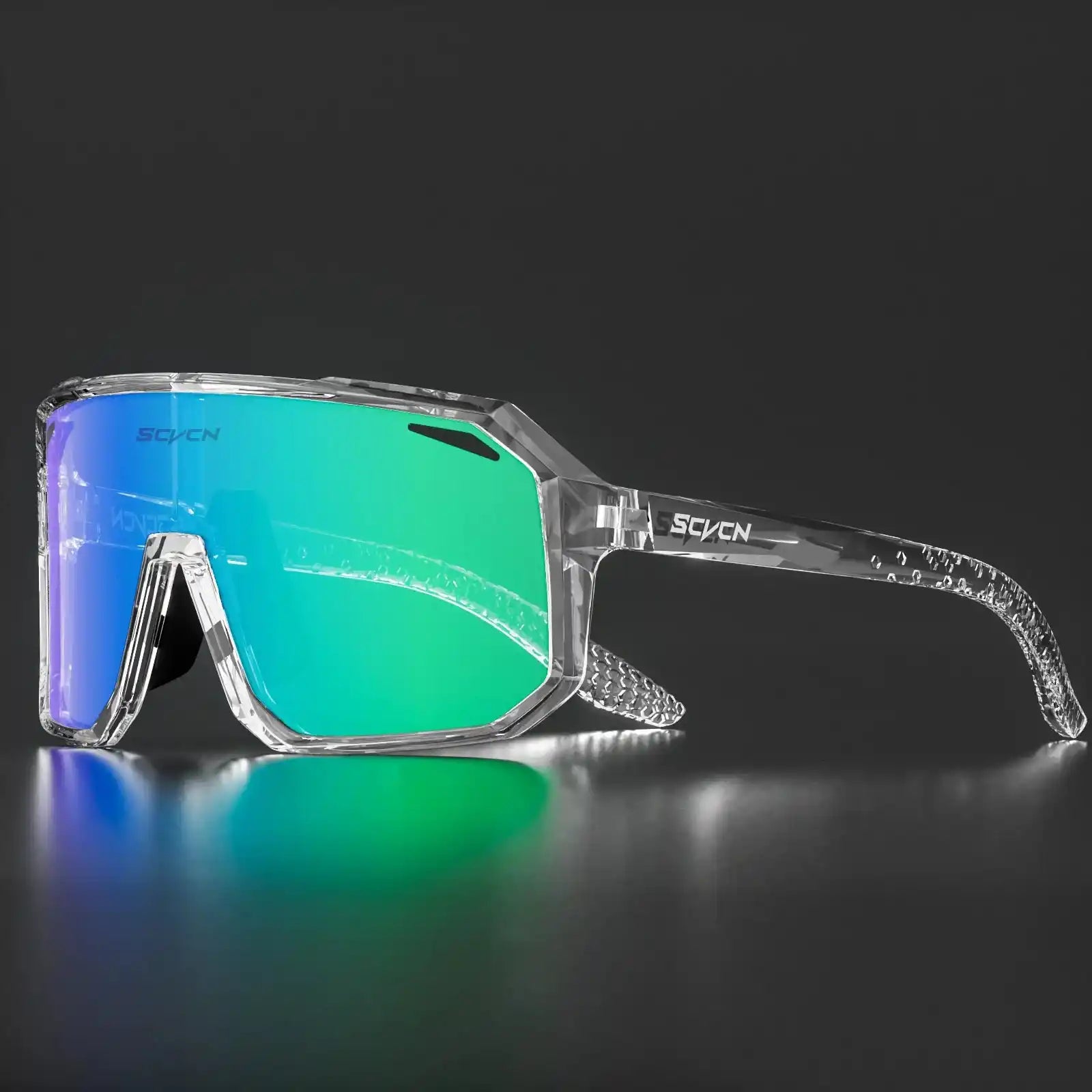SCVCN HOT MTB cycling glasses with clear frame and green mirrored UV400 lens, perfect for biking and running in sunlight.