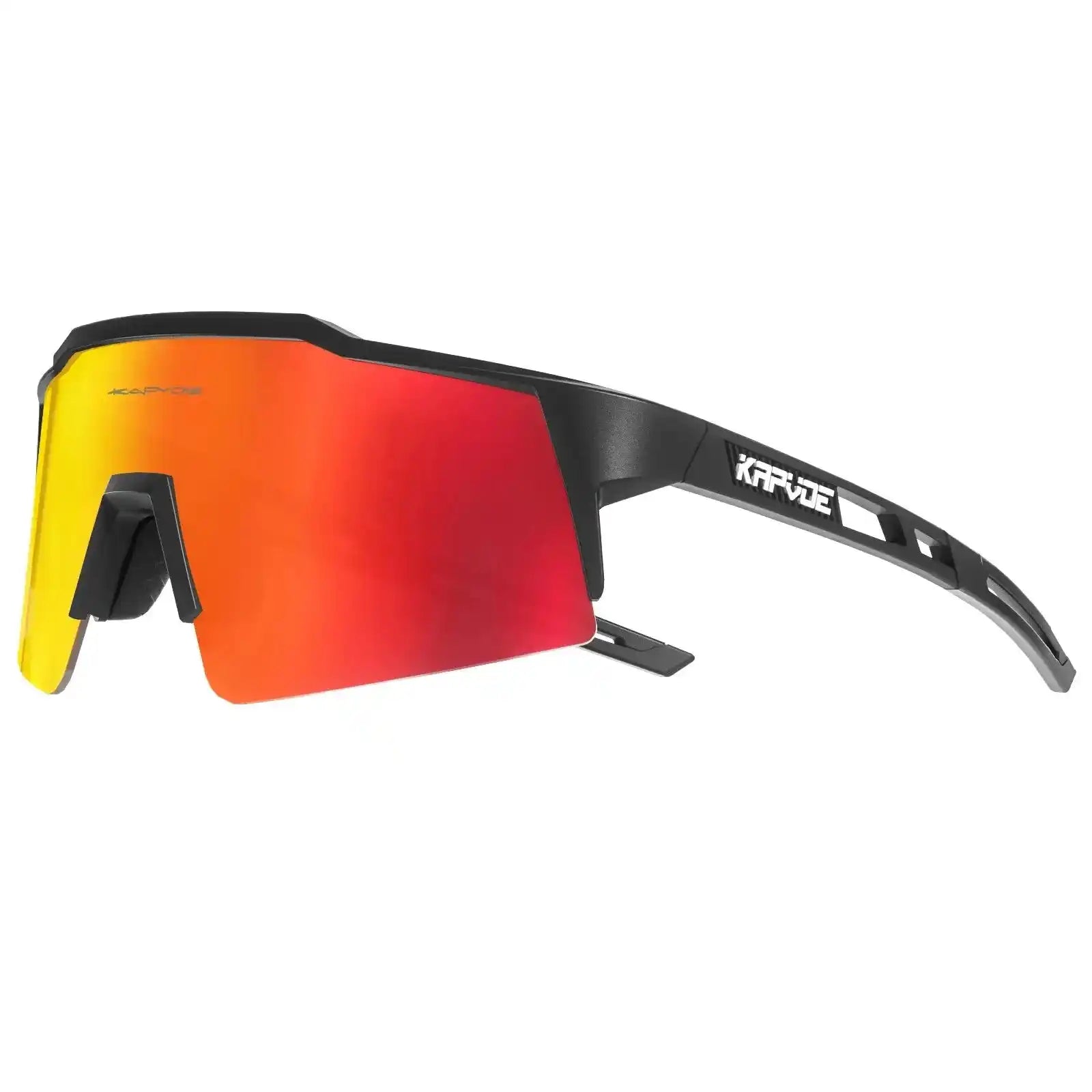 Kapvoe UV400 polarized cycling glasses with red lens and black frame. Lightweight and aerodynamic for road cycling efficiency.