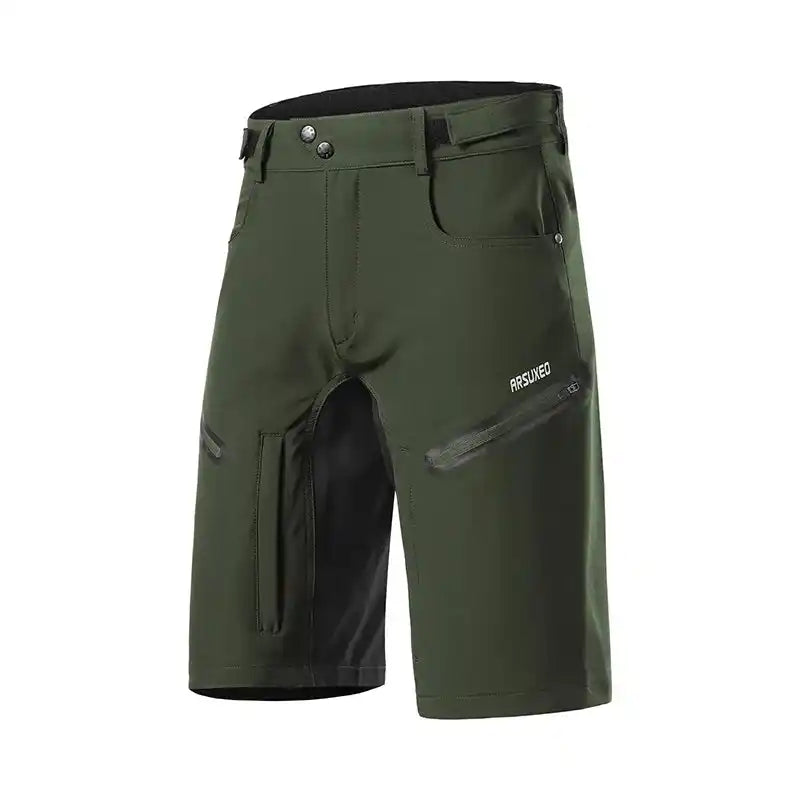 Army green ARSUXEO MTB Shorts with black mesh panel and zippered pockets, designed for breathable comfort during cycling.