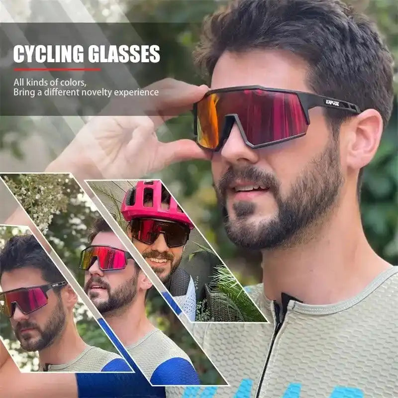 Kapvoe polarized cycling glasses worn by cyclist in various outdoor settings, showcasing UV400 protection and stylish mirrored lenses.