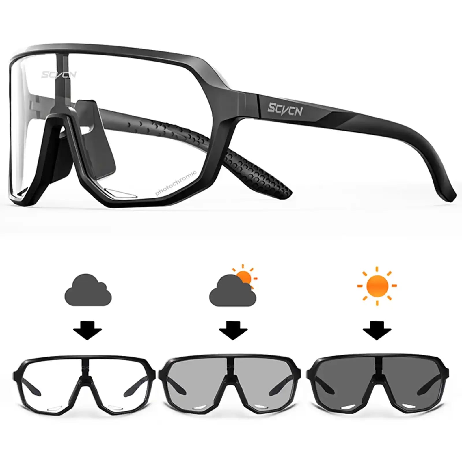 Black photochromic cycling sunglasses with clear-to-dark transition lenses, showcasing light adaptability for various weather conditions.