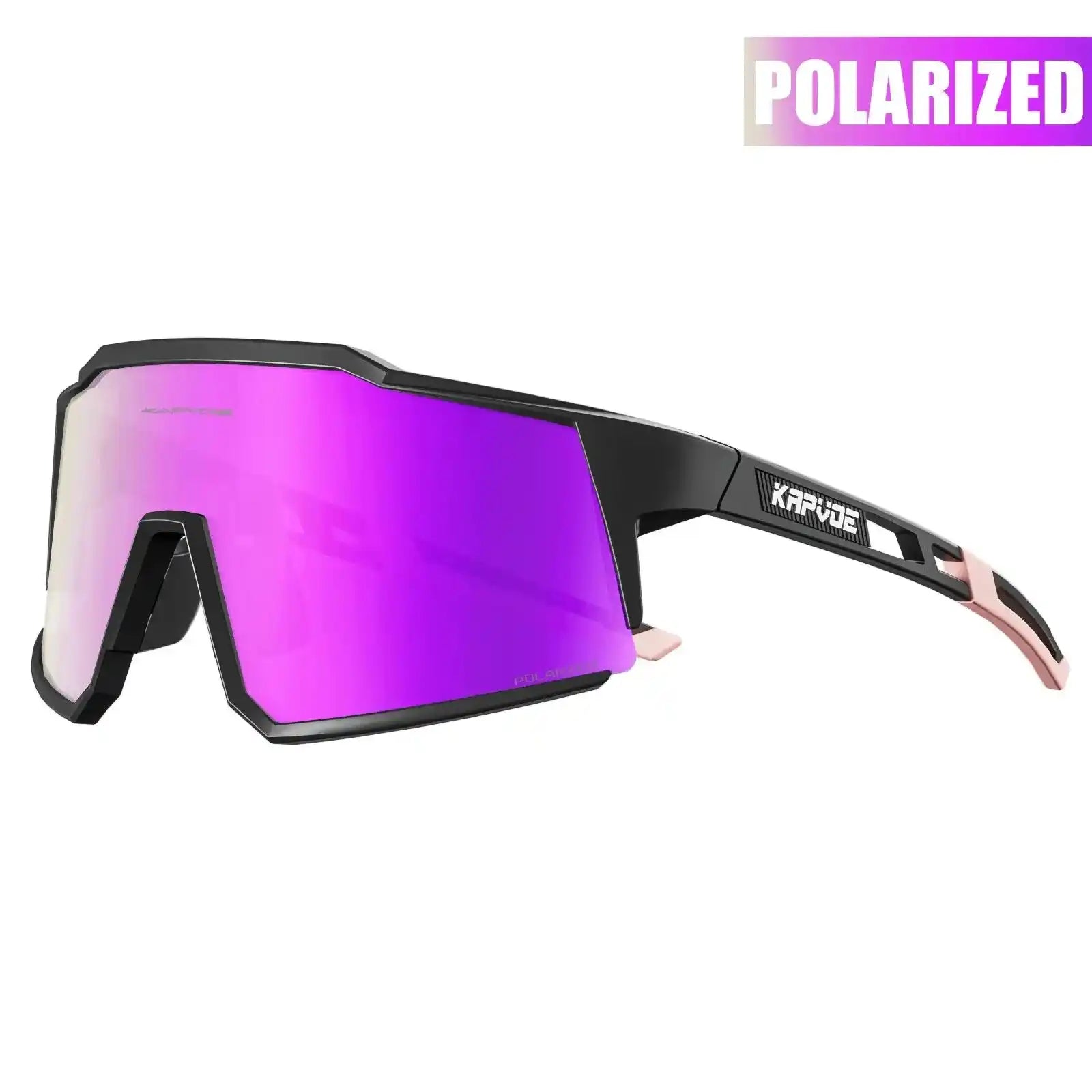 Kapvoe polarized cycling glasses with UV400 protection in black and pink frame with purple lens. Ultra light design ideal for road biking.