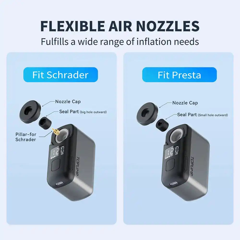 TOPUMP TB2 PRO inflator with flexible nozzles compatible with Schrader and Presta valves, designed for various bike tire types.