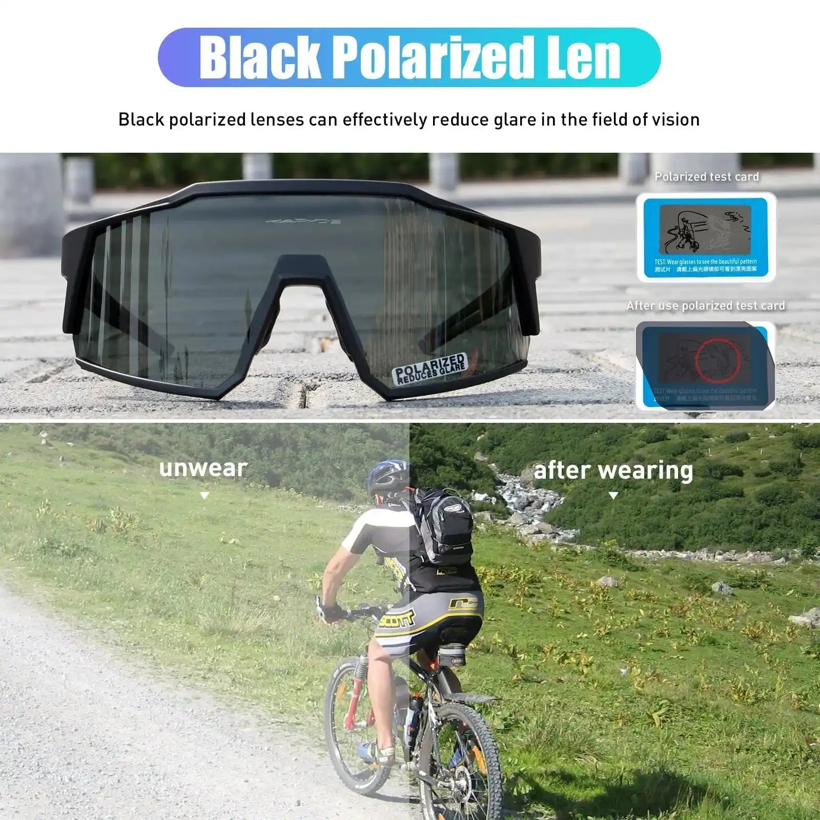 Kapvoe black polarized cycling glasses with UV400 lens. Comparison shows glare reduction effect while biking outdoors.