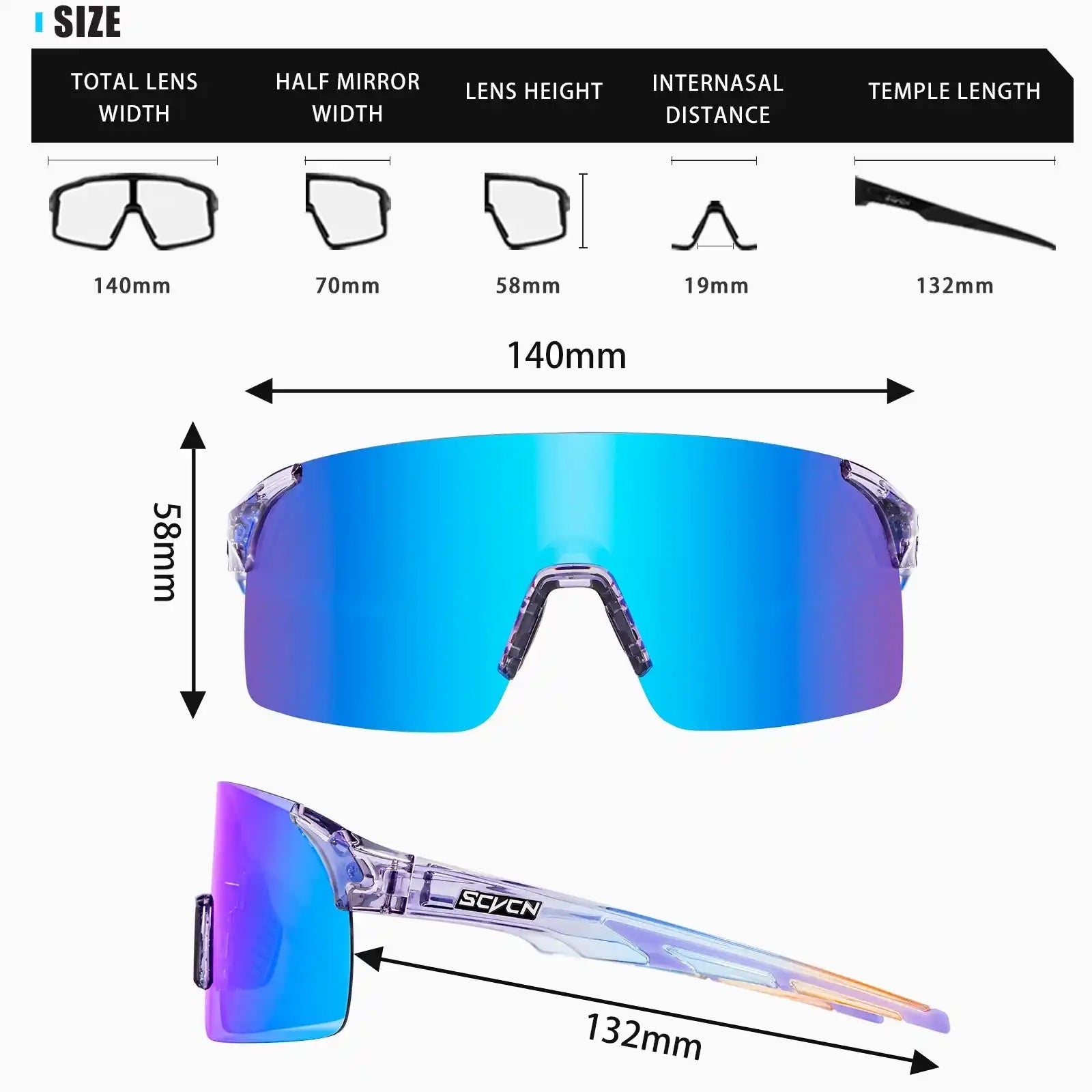 Size chart for MTB cycling sunglasses showing lens width, height, and temple length for optimal fit and comfort.