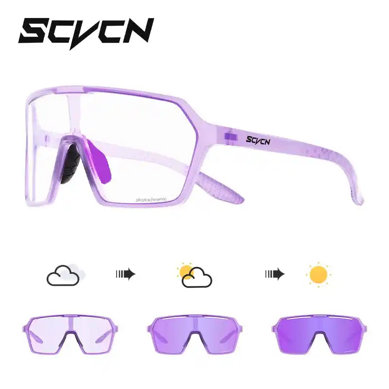 Purple SCVCN photochromic cycling glasses with UV400 lenses, adapting to sunlight for men and women during outdoor rides.