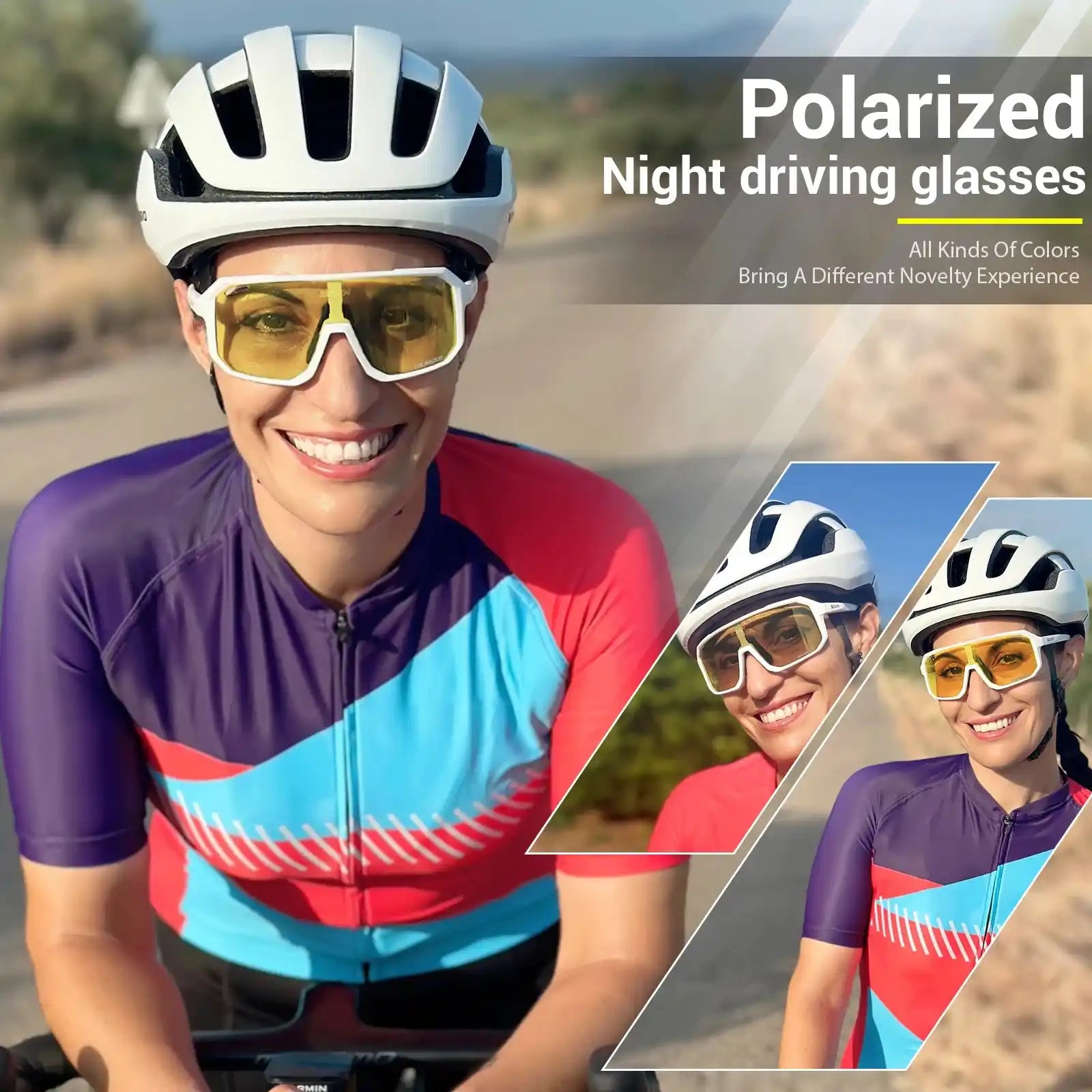 Woman cyclist wearing SCVCN polarized sunglasses with yellow lenses, promoting UV400 protection and stylish outdoor performance gear.