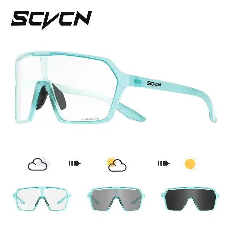 SCVCN Cycling Glasses in aqua with gray photochromic UV400 lenses that adjust to sunlight for clear and safe cycling vision.