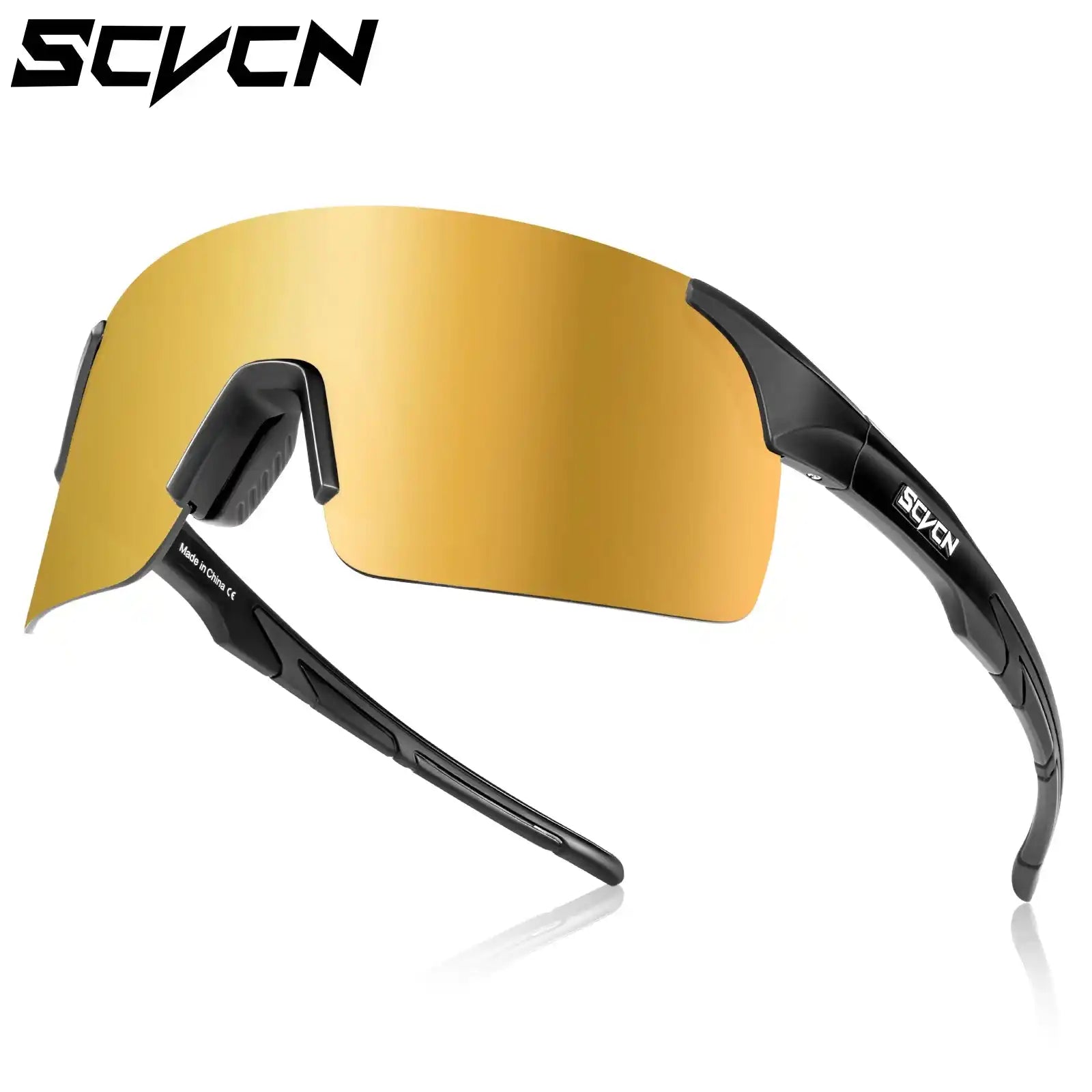 MTB cycling sunglasses with photochromic gold lens and black adjustable frame for UV protection and high-performance sports use.