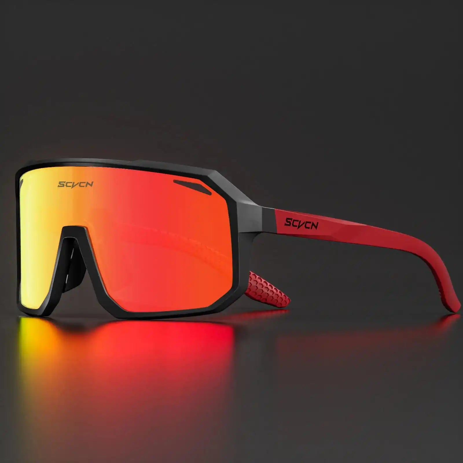 Red and black SCVCN HOT MTB cycling glasses with orange UV400 lenses, offering durable protection for biking and outdoor activities.