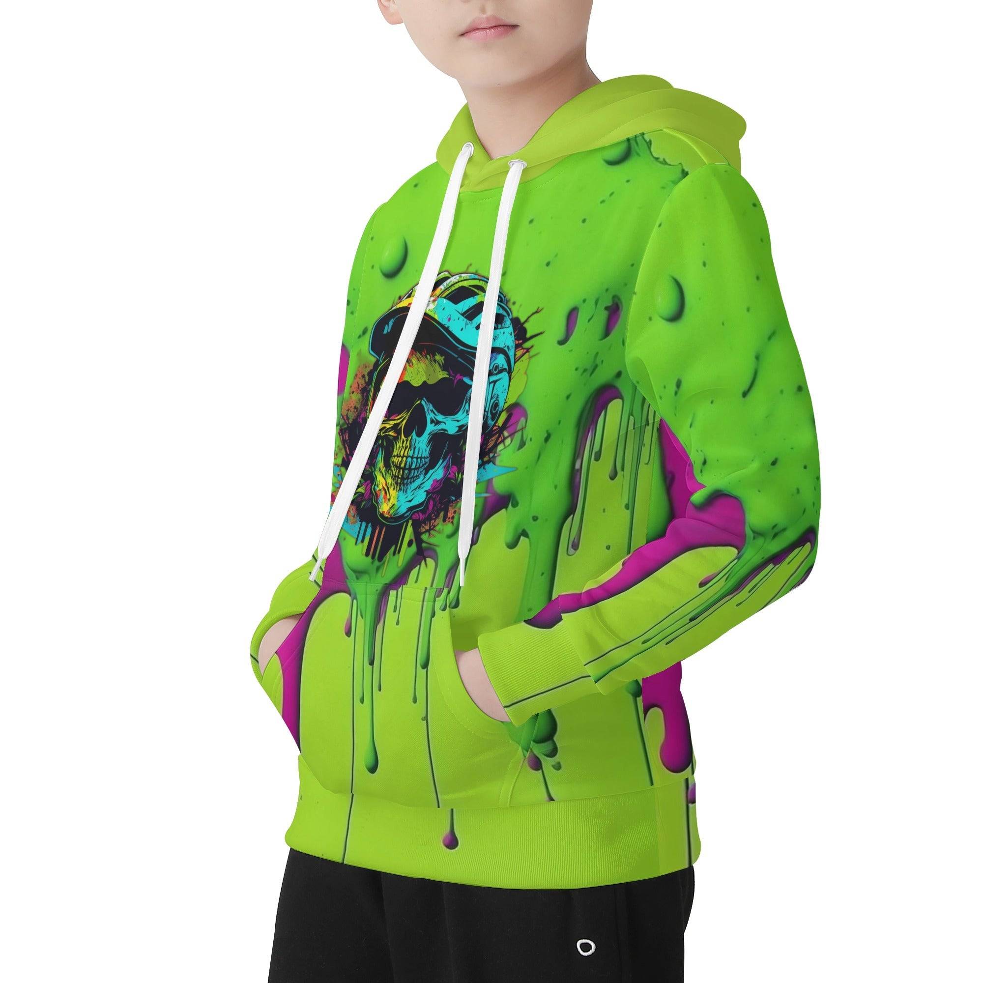 BOYS HOODIE | SKULL WITH MTB HELMET | GREEN | 3XS - L - Single Track Dreamer