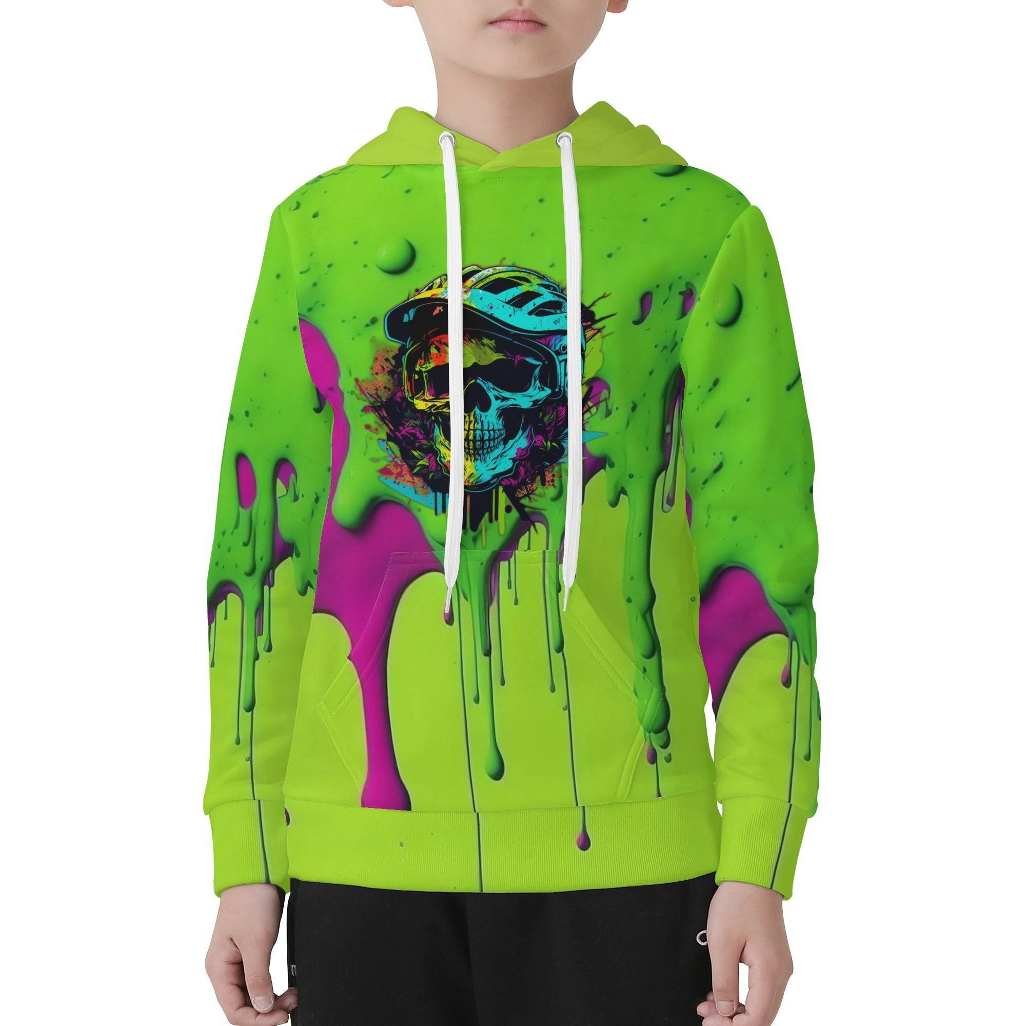 BOYS HOODIE | SKULL WITH MTB HELMET | GREEN | 3XS - L - Single Track Dreamer