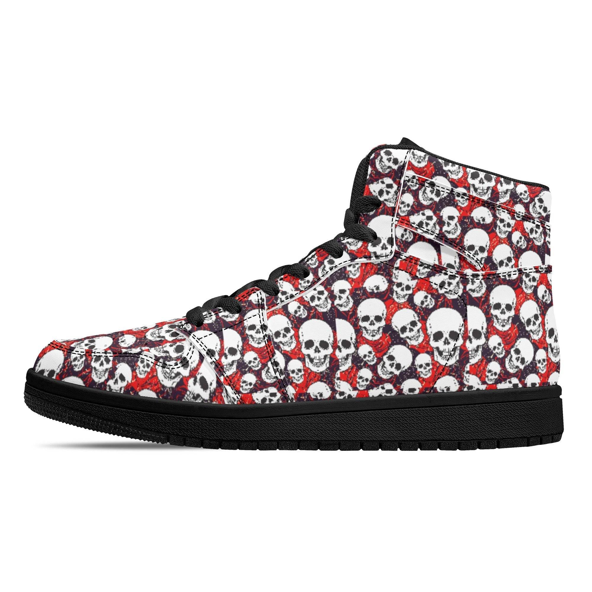 MENS LEATHER HIGH TOP SNEAKERS | SKULL PATTERN | BLACK | US5 - US13 - Single Track Dreamer