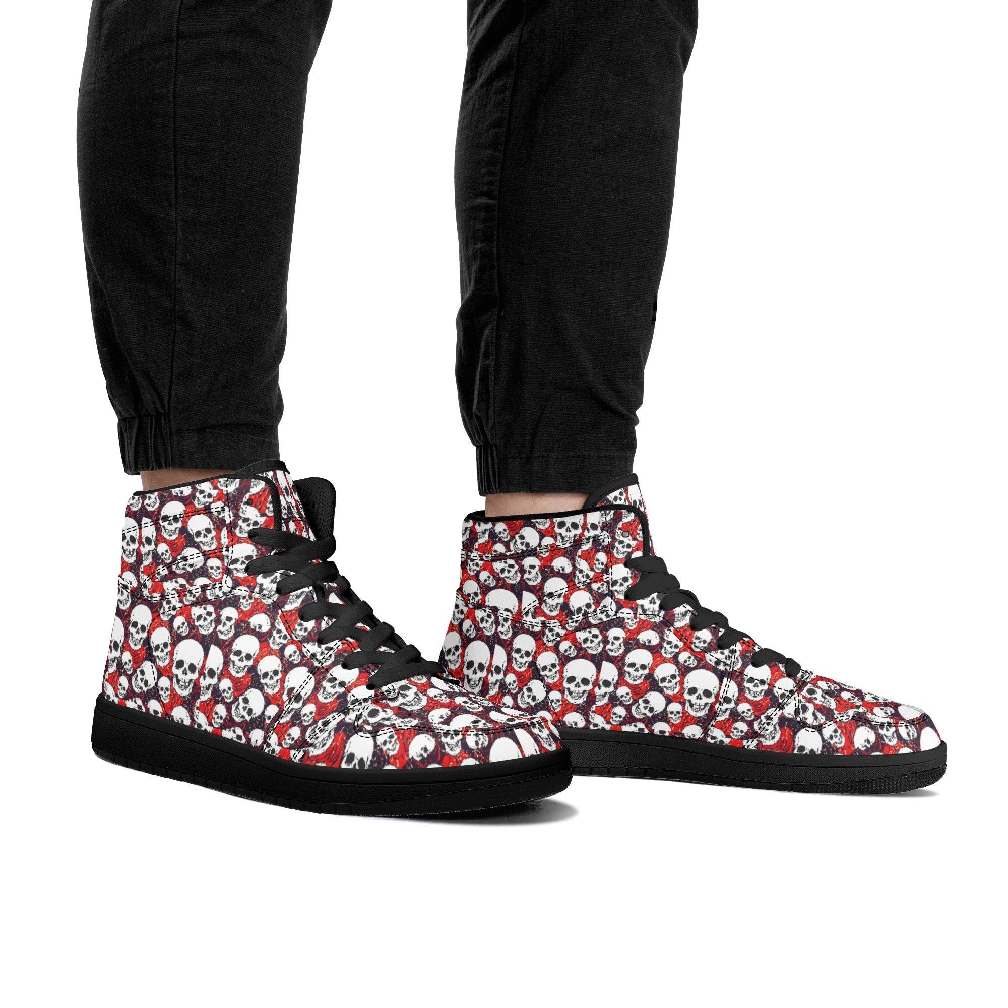 MENS LEATHER HIGH TOP SNEAKERS | SKULL PATTERN | BLACK | US5 - US13 - Single Track Dreamer