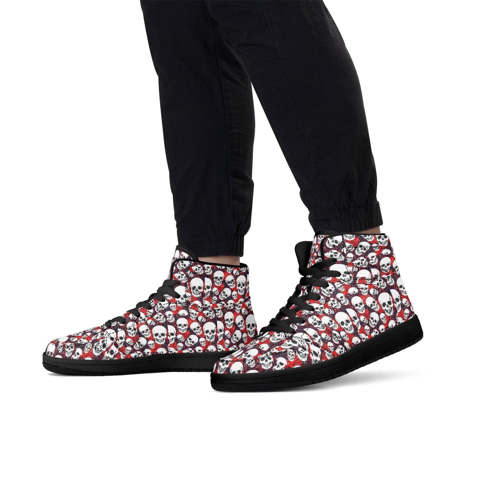 MENS LEATHER HIGH TOP SNEAKERS | SKULL PATTERN | BLACK | US5 - US13 - Single Track Dreamer