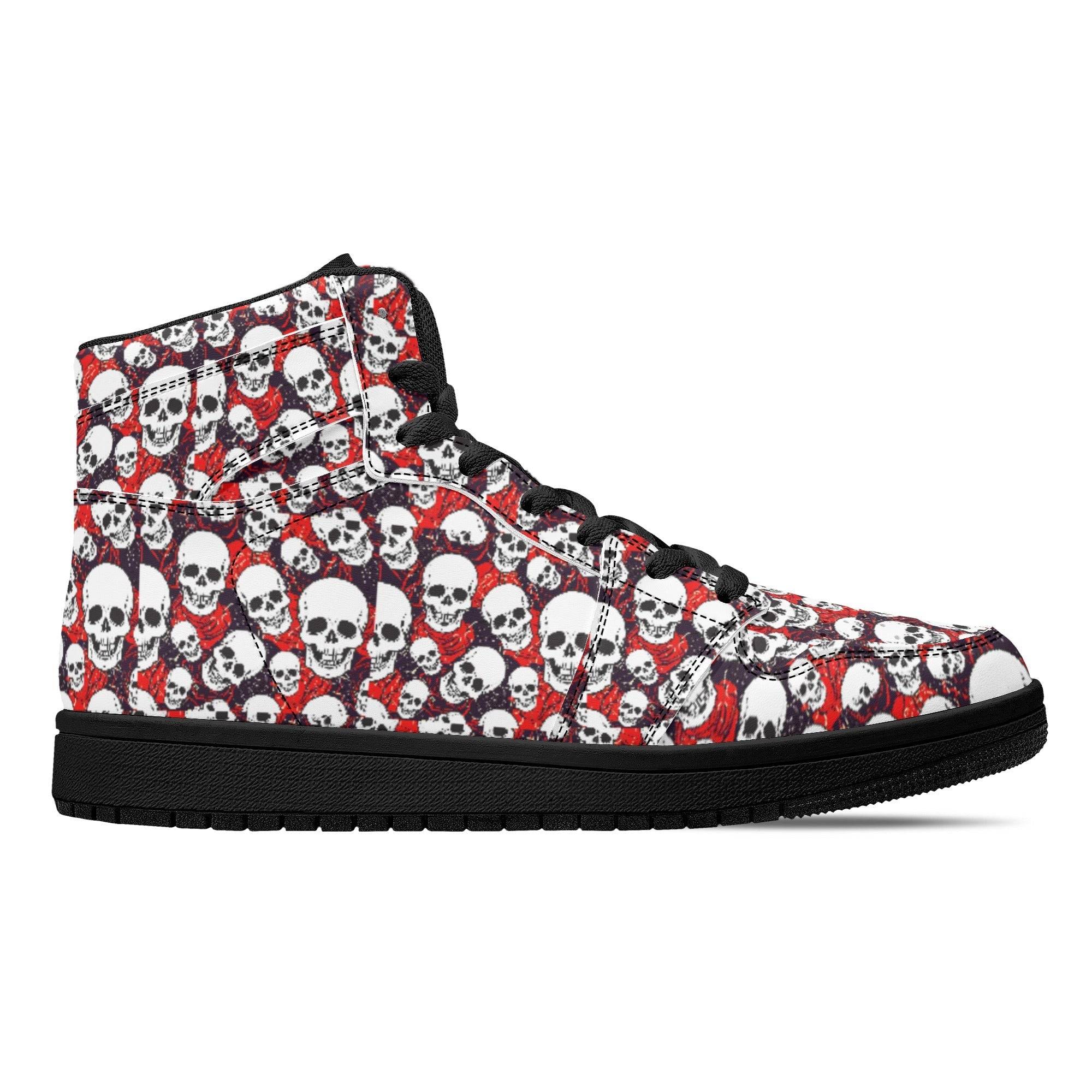 MENS LEATHER HIGH TOP SNEAKERS | SKULL PATTERN | BLACK | US5 - US13 - Single Track Dreamer