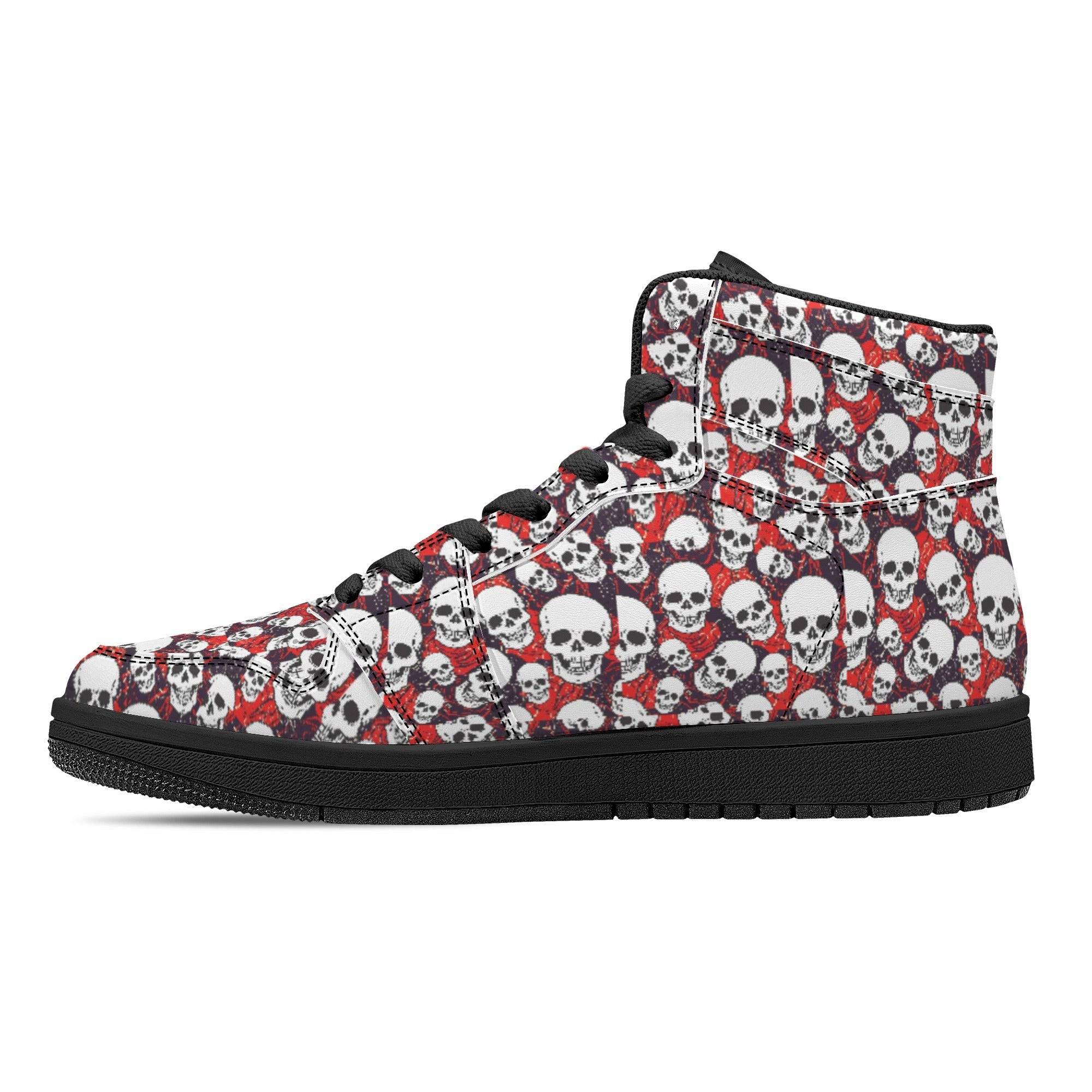 MENS LEATHER HIGH TOP SNEAKERS | SKULL PATTERN | BLACK | US5 - US13 - Single Track Dreamer